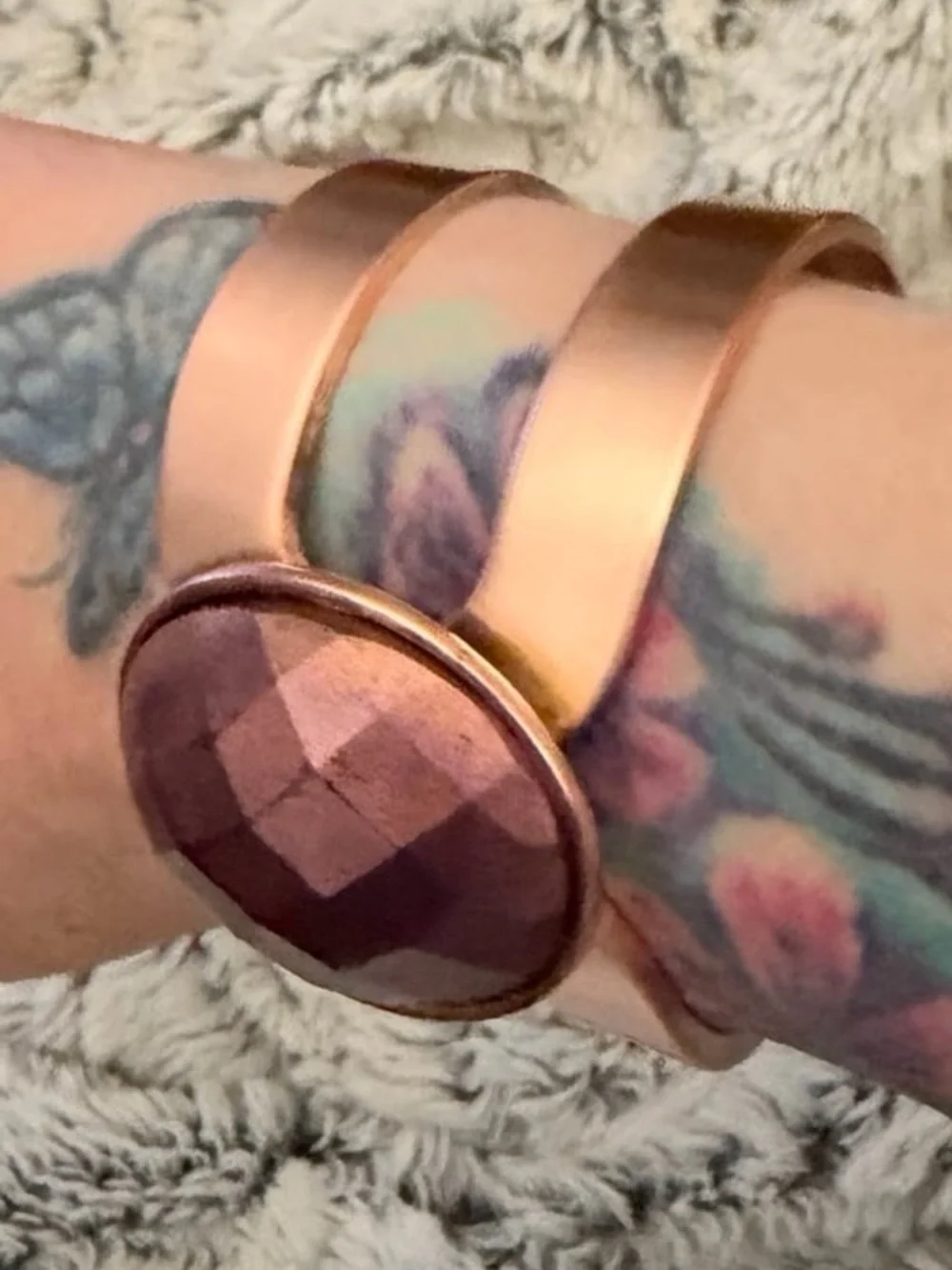 Vintage Copper Cuff bracelet metallic purple stone small-medium size EUC